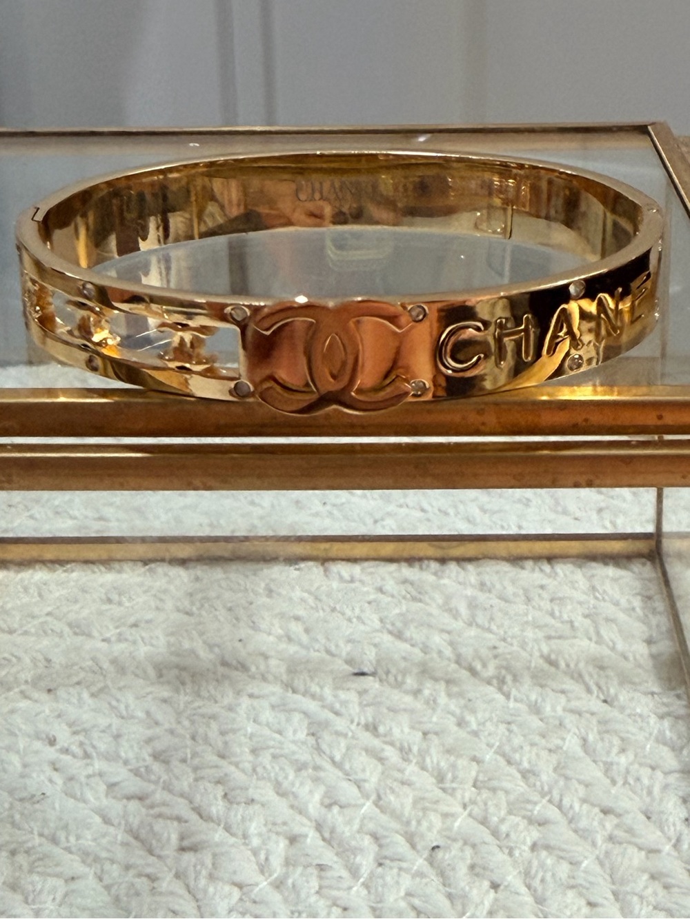 Gold-Tone | NEW Stainless Steel Logo Crystal Accent Bangle - Picture 8 of 11